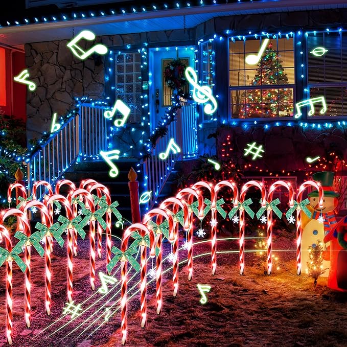 Hiboom 12 Pcs Christmas Candy Cane Light with 4 Christmas Theme Music, 20'' Pathway Markers Lights with Stakes Holiday Driveway Light for Xmas Holiday Party Walkway Garden Decor(Red, White)