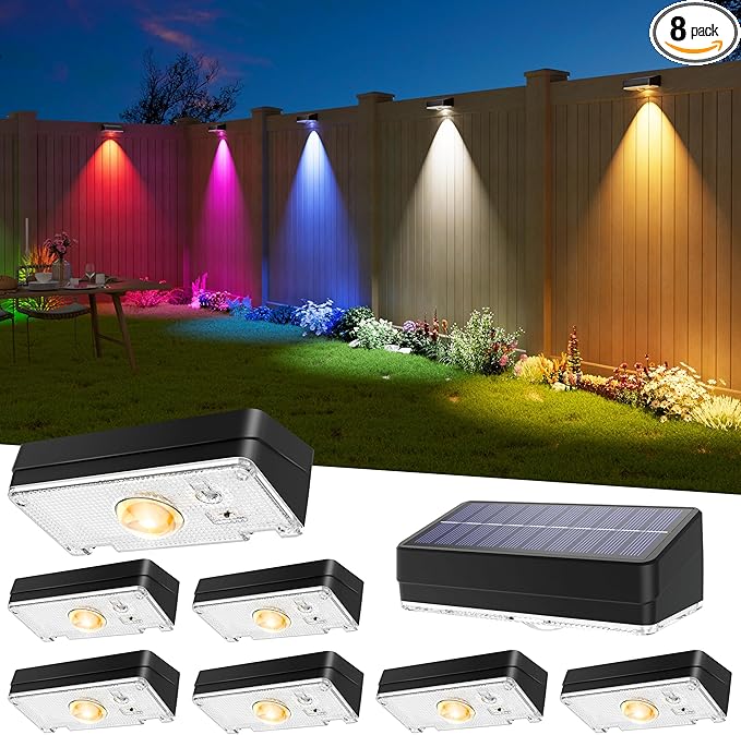 Solar Fence Lights Outdoor, 8 Pack, 50LM Ultra Bright, 3 Color Temperatures & RGB, IP65 Waterproof, Dusk-to-Dawn Solar Powered Fence Lights for Patio, Railing (Black)
