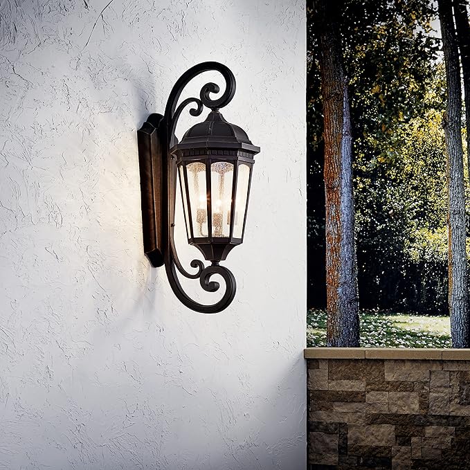 Kichler Courtyard 40.50" 3 Light Outdoor Wall Light with Clear Seeded Glass in Rubbed Bronze | Lumora