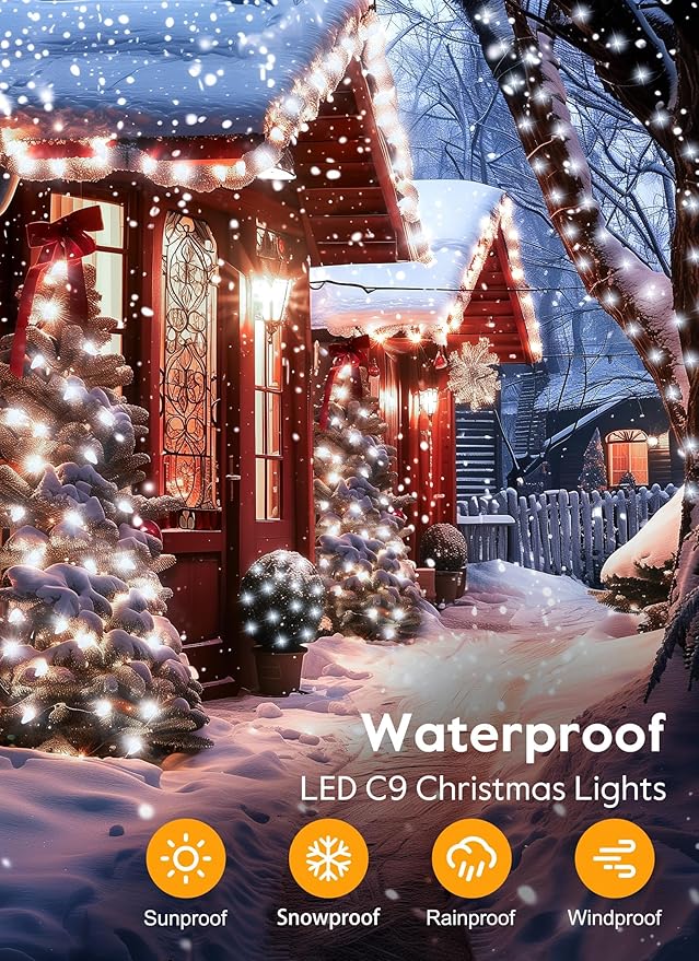 C9 Christmas Lights Outdoor, 114 Feet 150 LED C9 String Light with Timer & 8 Light Modes, Waterproof Commercial Grade Connectable Christmas Tree Lights for House Indoor Outside Roofline, Pure White