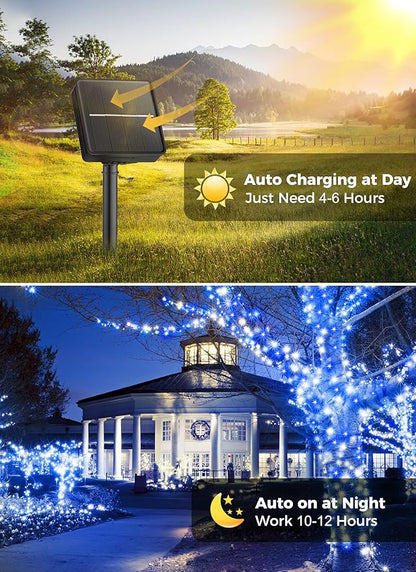 Minetom Solar Christmas Lights, 2 Pack Total 80FT 200 LED with 8 Modes, Outdoor Waterproof Decoration, Blue & Pure White