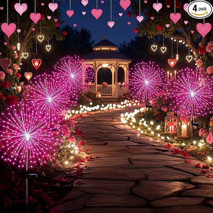 4 Pcs Valentine's Day Solar Lights Outdoor Pink Solar Firework Lights Decoration 180 LEDs 8 Modes Waterproof Valentine LED Stake Sparkler for Walkway Pathway Driveway Garden Yard Lawn Path(Pink)