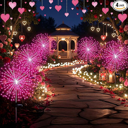 4 Pcs Valentine's Day Solar Lights Outdoor Pink Solar Firework Lights Decoration 180 LEDs 8 Modes Waterproof Valentine LED Stake Sparkler for Walkway Pathway Driveway Garden Yard Lawn Path(Pink)