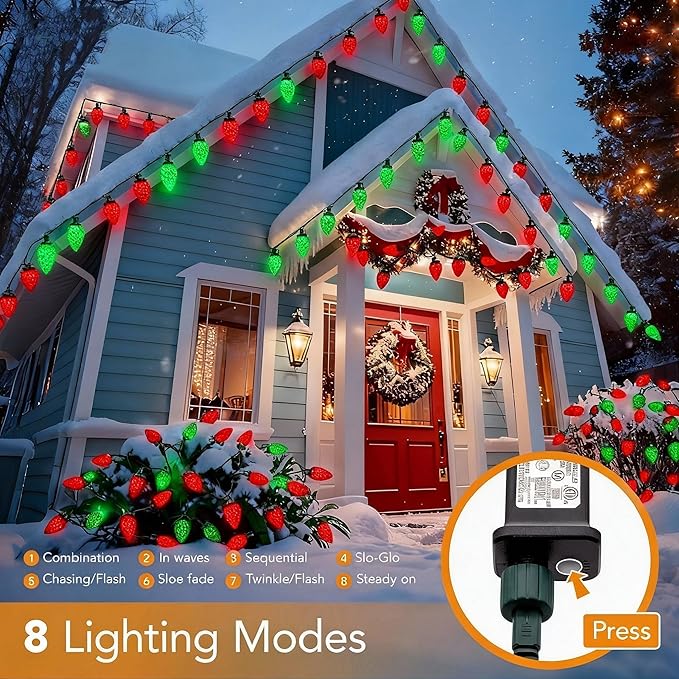 C9 LED Christmas Lights Outdoor,33 Feet 50 LED 8 Lighting Modes Waterproof Connectable Christmas String Lights for Outside Roofline Patio Home Xmas Decorations (Red & Green)
