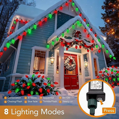 C9 LED Christmas Lights Outdoor,33 Feet 50 LED 8 Lighting Modes Waterproof Connectable Christmas String Lights for Outside Roofline Patio Home Xmas Decorations (Red & Green)