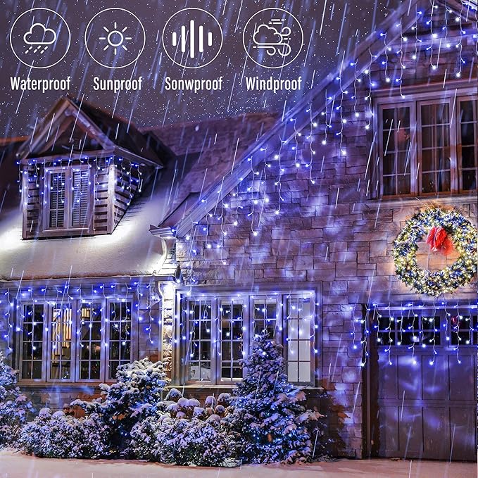 Joomer Christmas Icicle Lights - 66FT String Lights Outdoor Waterproof, 8 Modes Timer Connectable Plug-in String Light for Eaves, Roofs, Christmas Decorations (White+Blue, Non-Connectable)