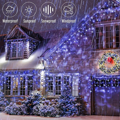 Joomer Christmas Icicle Lights - 66FT String Lights Outdoor Waterproof, 8 Modes Timer Connectable Plug-in String Light for Eaves, Roofs, Christmas Decorations (White+Blue, Non-Connectable)