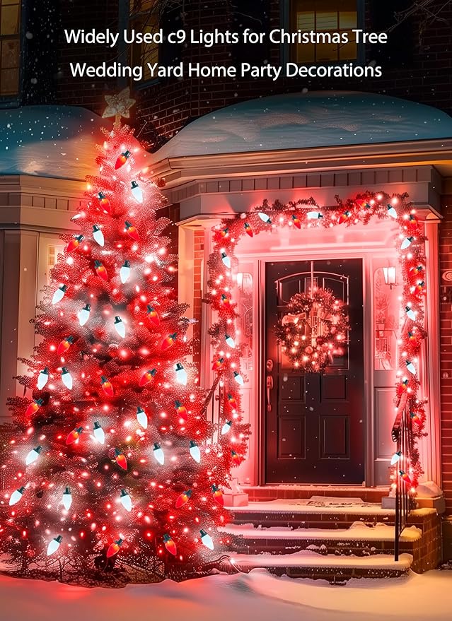 Moonflor C9 LED Christmas Lights Outdoor, 50 Feet 50 LED Strawberry String Lights with 50 Spring Clamps, Waterproof Commercial Grade Extendable for Indoor Outdoor,Red and Pure White