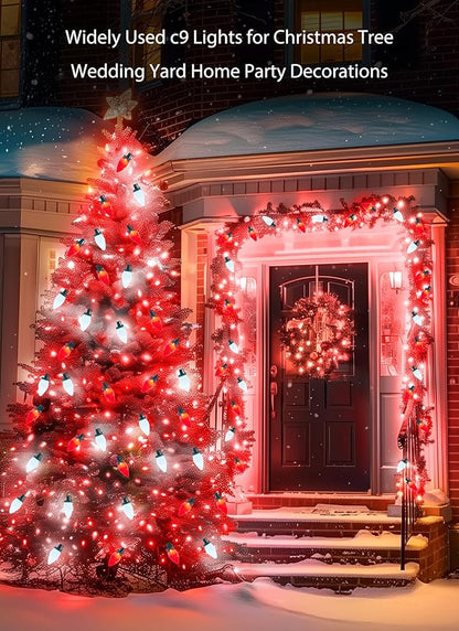Moonflor C9 LED Christmas Lights Outdoor, 100ft Feet 100 LED Strawberry String Lights with 50 Spring Clamps, Waterproof Commercial Grade Extendable for Indoor Outdoor,Red and Pure White