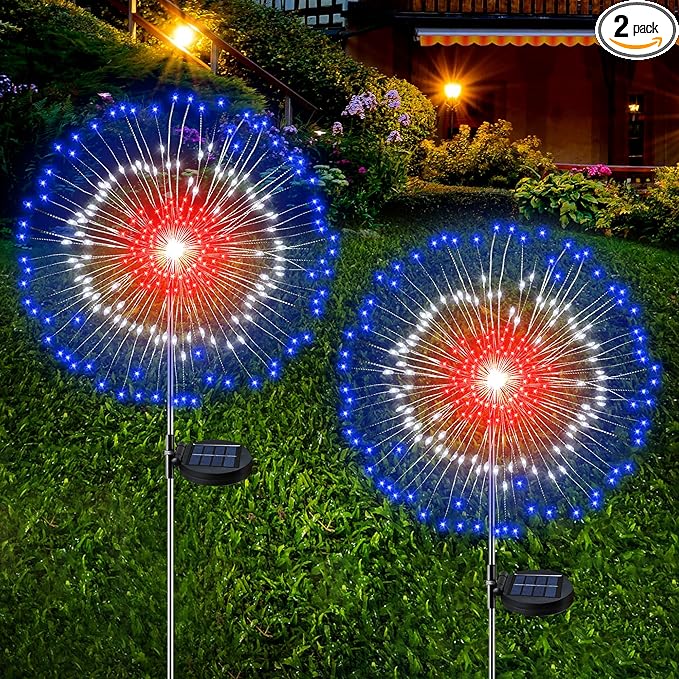 [Upgrade] 4th of July Decorations Outdoor Solar Lights, 2 Pack Solar Powered Firework Lights with 8 Modes Red White Blue LED Lights Patriotic Decorations for Memorial Day Presidents Day Veterans Day