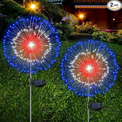 [Upgrade] 4th of July Decorations Outdoor Solar Lights, 2 Pack Solar Powered Firework Lights with 8 Modes Red White Blue LED Lights Patriotic Decorations for Memorial Day Presidents Day Veterans Day
