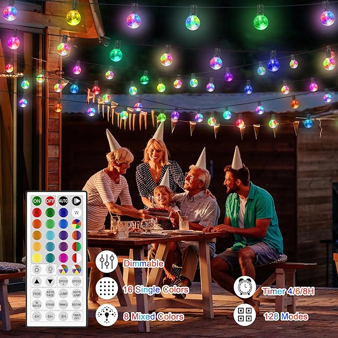 LED Outdoor String Lights, 30FT Connectable G40 Patio Light Outdoor Waterproof with 30 LED Bulbs, RGB Color Changing Cafe Decorative Lights with Remote for Outside Camping Gazebo Party Balcony Decor