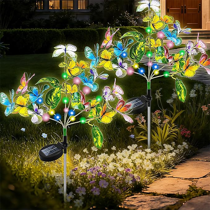 Anothera 2Pcs Solar Butterfly Lights Features Flashing or Steady-on Modes, Waterproof Sunflower Garden Lights for Outdoor, Patio, Lawn, Yard, Valentine's Day Gifts for Wife and Girlfriend