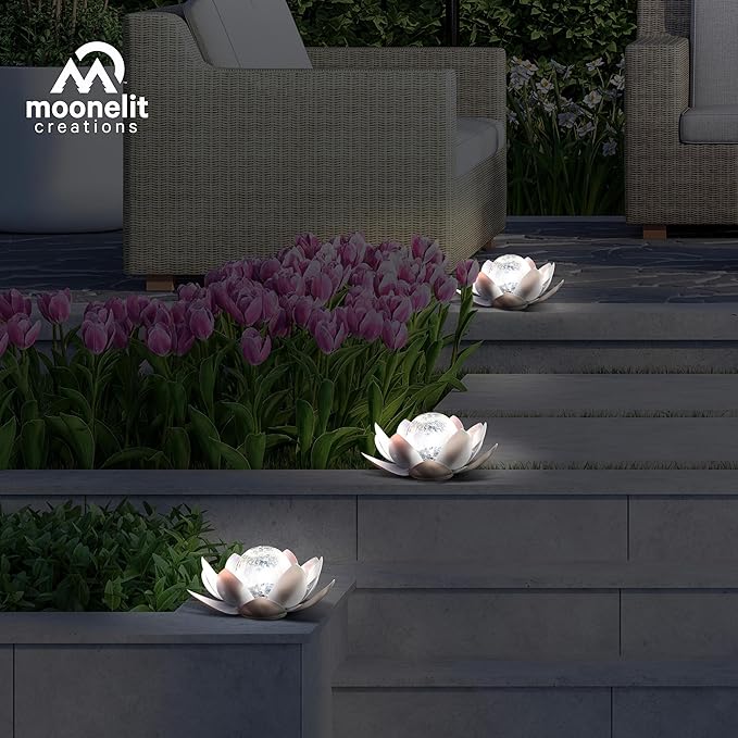 MCSLOTUS-S Silver Lotus Flower Solar LED Garden Light with Crackled Glass Globe – Waterproof Metal Outdoor Décor