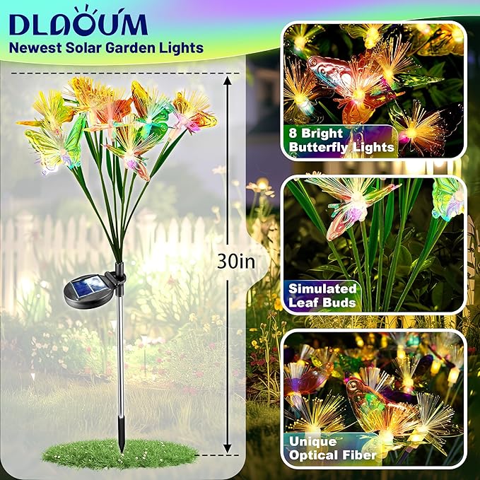 Solar Garden Lights Outdoor: 2Pack 16LED IP65 Waterproof Wind Swaying Butterfly Flower Light - Fairy Colarful Decorations for Outside Yard Patio Cemetery - Angel Christmas Gifts for Mom Women