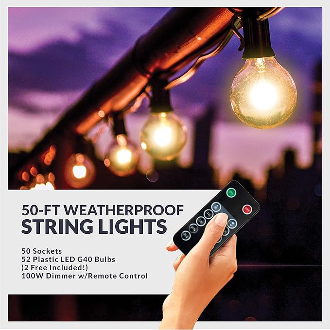 Newhouse Lighting LED G40 String Lights with Weatherproof Technology, 100W Dimmer with Wireless Remote Control, 50ft and 52 (50+2 Free) LED Light Bulbs Included, Warm White (PSTRINGLEDDIM)