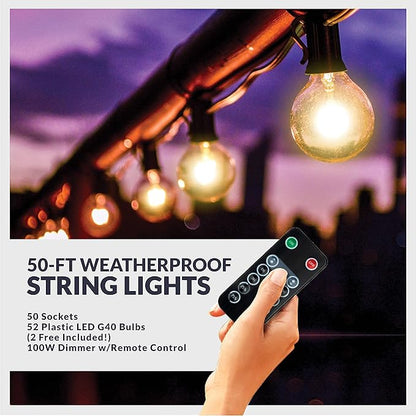 Newhouse Lighting LED G40 String Lights with Weatherproof Technology, 100W Dimmer with Wireless Remote Control, 50ft and 52 (50+2 Free) LED Light Bulbs Included, Warm White (PSTRINGLEDDIM)