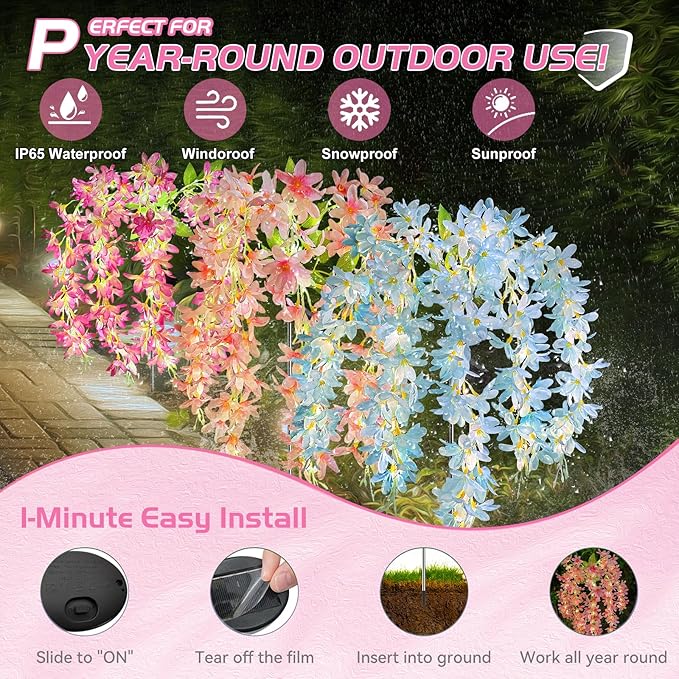 Neporal Solar Flowers Outdoor Waterproof IP65, 5 Lilac Flower Vines with 140+ Flowers, Warm Light & 2 Lightning Modes, 6PK Blue/Pink/Purple Solar Garden Lights Outdoor for Garden, Yard, Pathway Decor