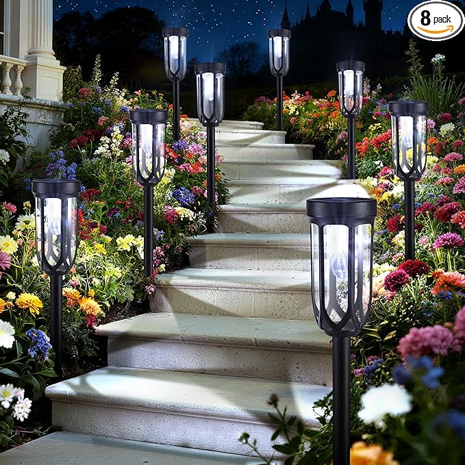 Lomotech Solar Pathway Lights - 8 Pack Solar Lights Outdoor Waterproof, Bright LED Solar Garden Lights for Patio Landscape Lawn Yard Walkway Driveway (White)