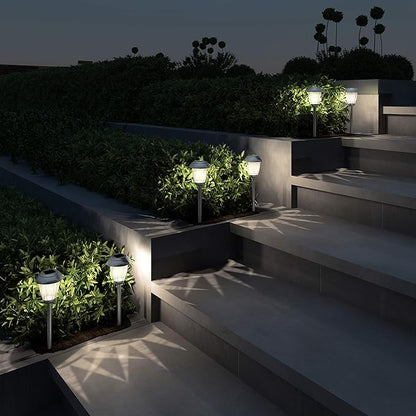 Solar Path Lights, Set of 8-16” Tall Stainless Steel Outdoor Stake Lighting for Garden, Landscape, Yard, Driveway, Walkway by Pure Garden (Gunmetal)