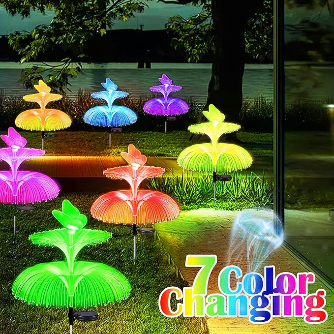SunKite Solar Garden Lights - 7 Color Changing, Double Jellyfish & Butterfly, Waterproof, Solar Flower Lights for Outdoor Decor