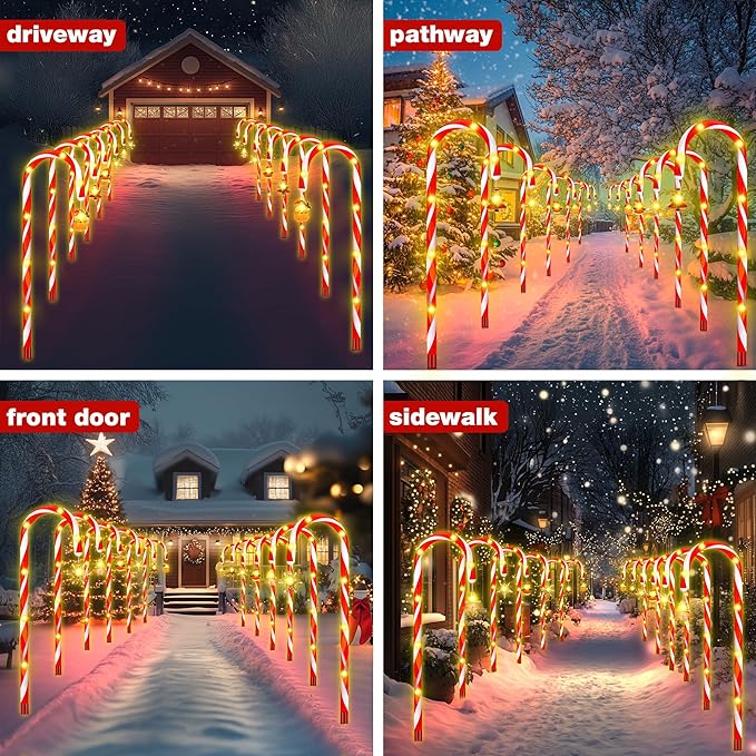 12-Pack 22" Christmas Candy Cane Lights Outdoor Pathway - Waterproof IP65, 8 Lighting Modes with Timer, Christmas | Lumora