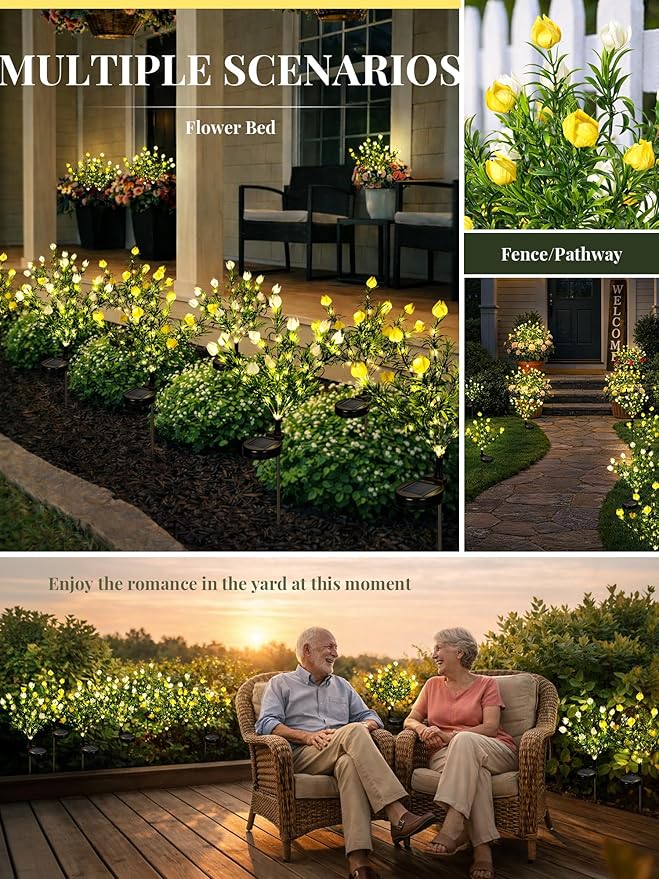 GIGALUMI Solar Garden Lights with Gardenias, LED Garden Decor Carefree Solar Flowers Outdoor Waterproof, Yard Decorations Outdoor, Allergy-Free, Everlasting Light up Flowers for Yard Patio (Set of 2)