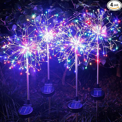 Solar Garden Lights Outdoor Yard Decorations, 4 Pack 150Leds Pathway Light, Fairy Firework Stake Lights for Garden, Patio, Pathway, Flowerbed Multicolor