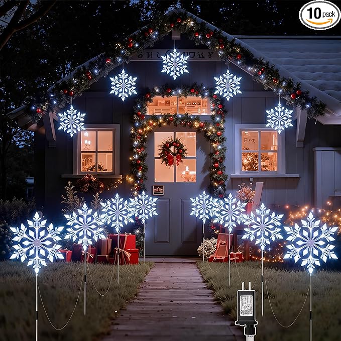 Brightown Snowflake Lights Outdoor, 10 Large Snowflake Christmas Pathway Lights, Christmas Decorations Outside Yard Sidewalk Walkway Driveway Marker Garden Lawn Stakes with LED Lights, White