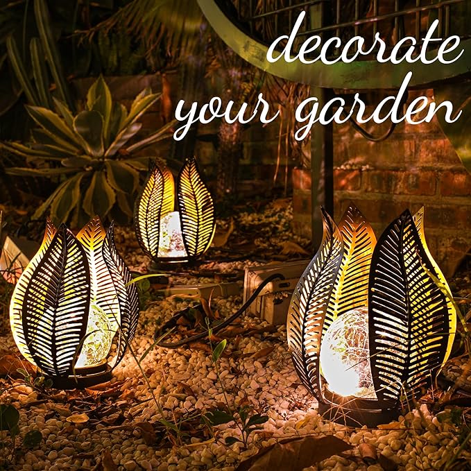 Solar Garden Lights Waterproof Decorations,Crackle Globe Glass,Metal Palm Leaf Solar Lights for Outdoor Decor On | Lumora