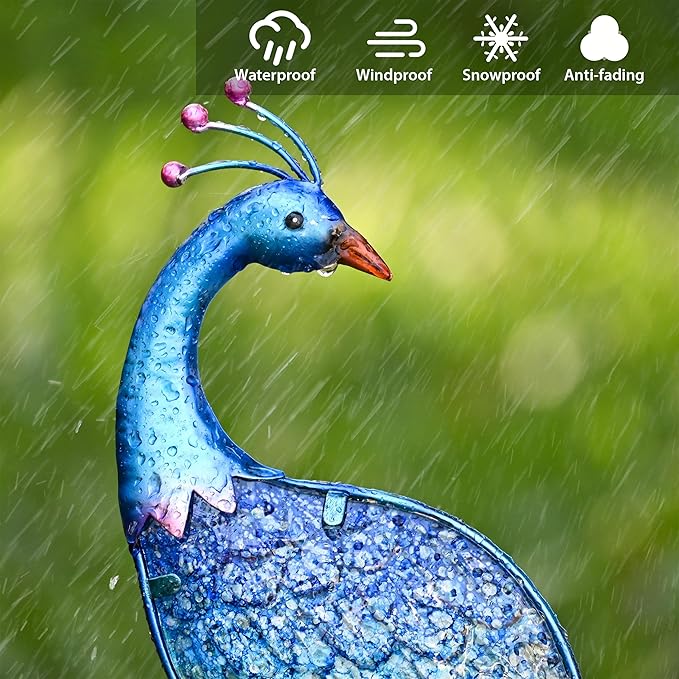 TERESA'S COLLECTIONS Garden Decor Blue Peacock with Solar Outdoor Lights, 40" Glass Yard Art for Outside | Lumora