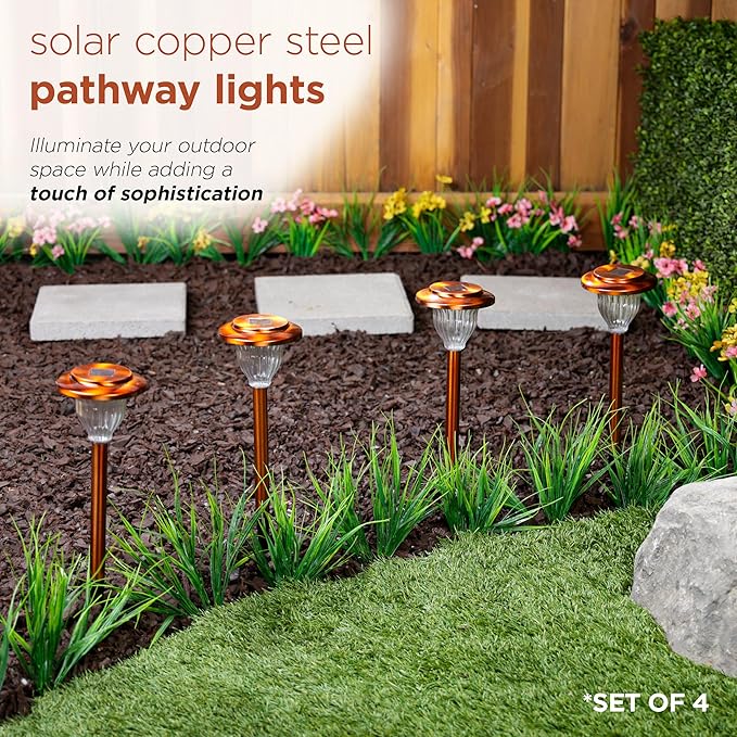Alpine Corporation LBM174SLR-4 Solar Copper Stainless Steel Pathway LED Lights, 15" H, Bronze, Set of 4