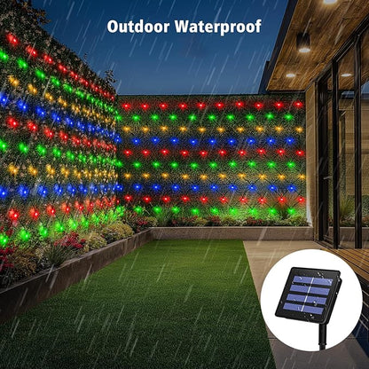 echosari Solar Powered Net Lights, 200 LED 9.8Ft x 6.6Ft Bush net Lights Dark Green Wire Auto On/Off 8 Modes for Bushes Shrubs Lawn Decor (Multicolor)