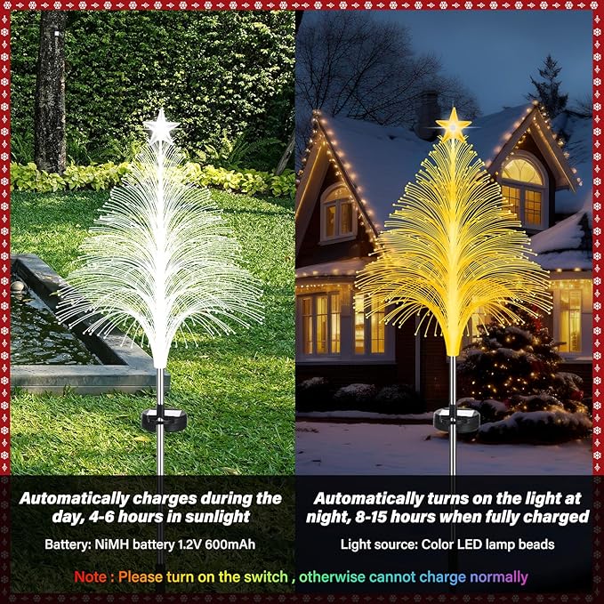 Baquler 8 Pcs Solar Christmas Tree Lights Waterproof Outdoor Pathyway Stake Light 7 Lighting Modes Fireworks Christmas Stake Light Decoration for Holiday Yard Walkway Garden Path Decor
