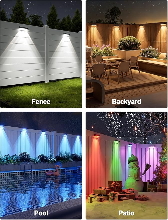 APONUO Solar Fence Lights Outdoor Waterproof, Fence Lights Solar Powered, 12 RGB Color Modes & Warm White & Cool White, Fence Solar Light Outdoor for Backyard, Patio, Wall, Deck, Yard（8 Pack, Black）