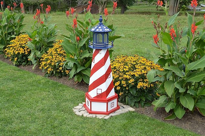 Amish-Made Patriotic Style Outdoor Lighthouse with Base and Solar LED Light, 82" Tall