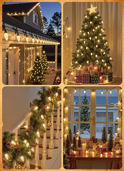 C9 68Ft Led Christmas String Lights 100 LED with Quick Clips Outdoor Waterproof Strawberry Lights, Commercial Grade Extendable for Indoor Outside Roofline Patio Home Xmas Decoration, Warm White