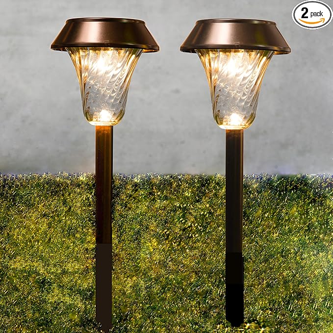 2 Pack Super Size 6" Diameter Bronze Solar Path Light with Large Solar Panel, Glass Lens, Metal Ground Stake, and Extra-Bright LED for Garden, Lawn, Patio, Walkway, Driveway