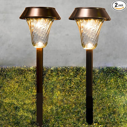 2 Pack Super Size 6" Diameter Bronze Solar Path Light with Large Solar Panel, Glass Lens, Metal Ground Stake, and Extra-Bright LED for Garden, Lawn, Patio, Walkway, Driveway