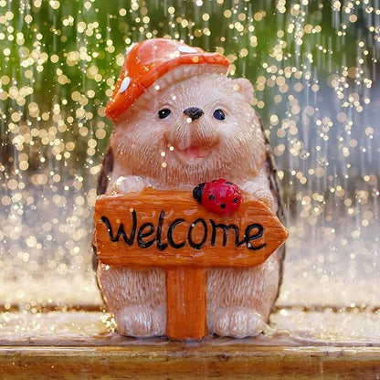 Garden Hedgehog Welcome Sign Statue with Mushroom Hat, Solar LED Ladybug Light, Outdoor Decorative Figurine 4.6in, Housewarming Gift for Patio,Yard,Lawn Ornament