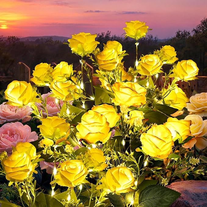 GIGALUMI Solar Lights Outdoor for Garden Decor, 4 Pack Solar Flower Lights Waterproof, 2 Lighting Modes 28 Rose Flowers for Pathway,Yard, Patio Decoration, Gardening Gifts for Women (Yellow)