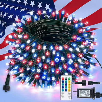 Hopolon Red White and Blue String Lights, 33 FT 100 LED Connectable 4th of July Patriotic Twinkle Lights with Remote,8 Modes Plug in Independence Day Light for Home Party Holiday Tree Xmas Decoration