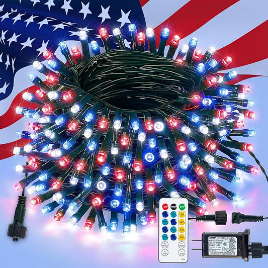 Hopolon Red White and Blue String Lights, 33 FT 100 LED Connectable 4th of July Patriotic Twinkle Lights with Remote,8 Modes Plug in Independence Day Light for Home Party Holiday Tree Xmas Decoration