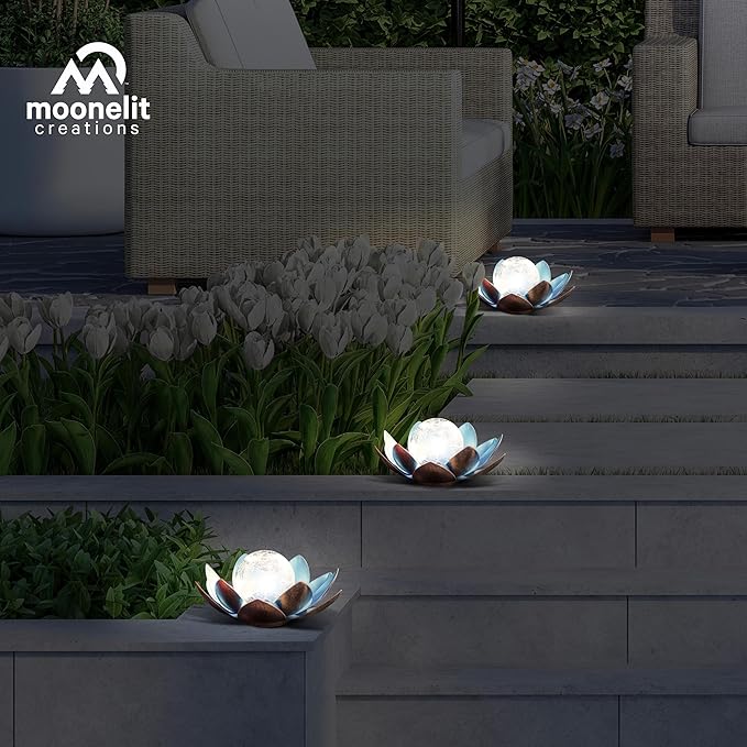 MCSLOTUS-B Blue Lotus Flower Solar LED Garden Light with Crackled Glass Globe – Waterproof Metal Outdoor Décor