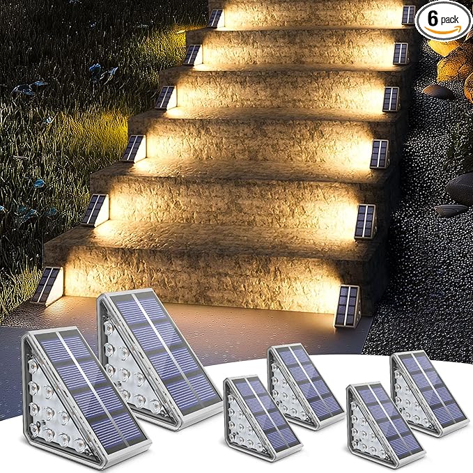 NIORSUN Solar Stair Lights Outdoor Waterproof IP67,6 Pack Solar Step Lights for Outside Auto On Off,Outdoor Stair Light for Steps,Patio,Yard,Porch,Front Door,Sidewalk,Deck Decor,Warm White