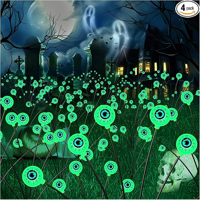 hyrion Halloween Decorations Outdoor Solar Eyeball Lights, 4 Packs 24LED Scary Eyeball Swaying Firefly Lights, 8 Mode Waterproof Green Halloween for Outside Path Yard Garden Lawn