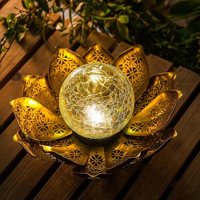 DUSVALLY Lotus Solar Light Outdoor Garden Decoration for Patio, Lawn, Walkway, Tabletop, Waterproof Metal Lotus & Glass Globe Emit Crackle Light, Golden