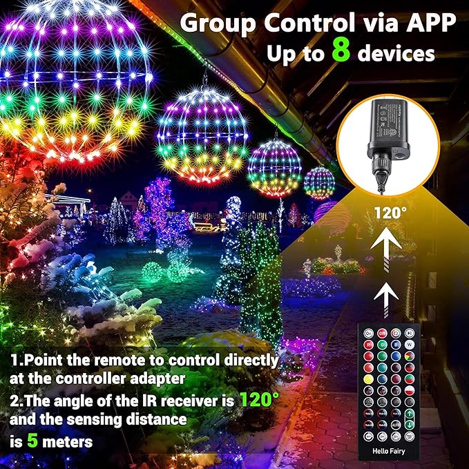 Joomer Smart RGB Christmas Hanging Ball Lights, 12in 108 LED Foldable Color Changing Xmas Light, App and Remote | Lumora