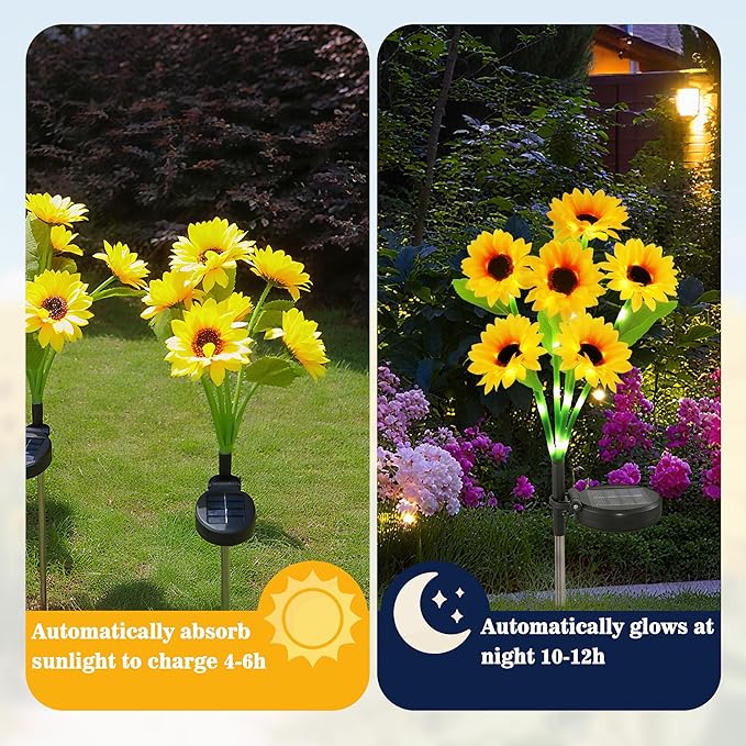 Anothera 6Pcs Solar Sunflower Lights Features Flashing or Steady-on Modes, Waterproof Sunflower Garden Lights for Outdoor Patio, Lawn, Valentine's Day Gifts for Wife and Girlfriend