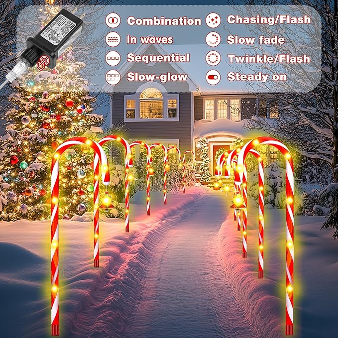 12-Pack 22" Christmas Candy Cane Lights Outdoor Pathway - Waterproof IP65, 8 Lighting Modes with Timer, Christmas | Lumora